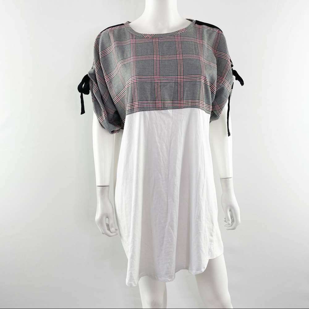 Zara White T-Shirt Dress Plaid Shoulders Tunic Shirt Size M